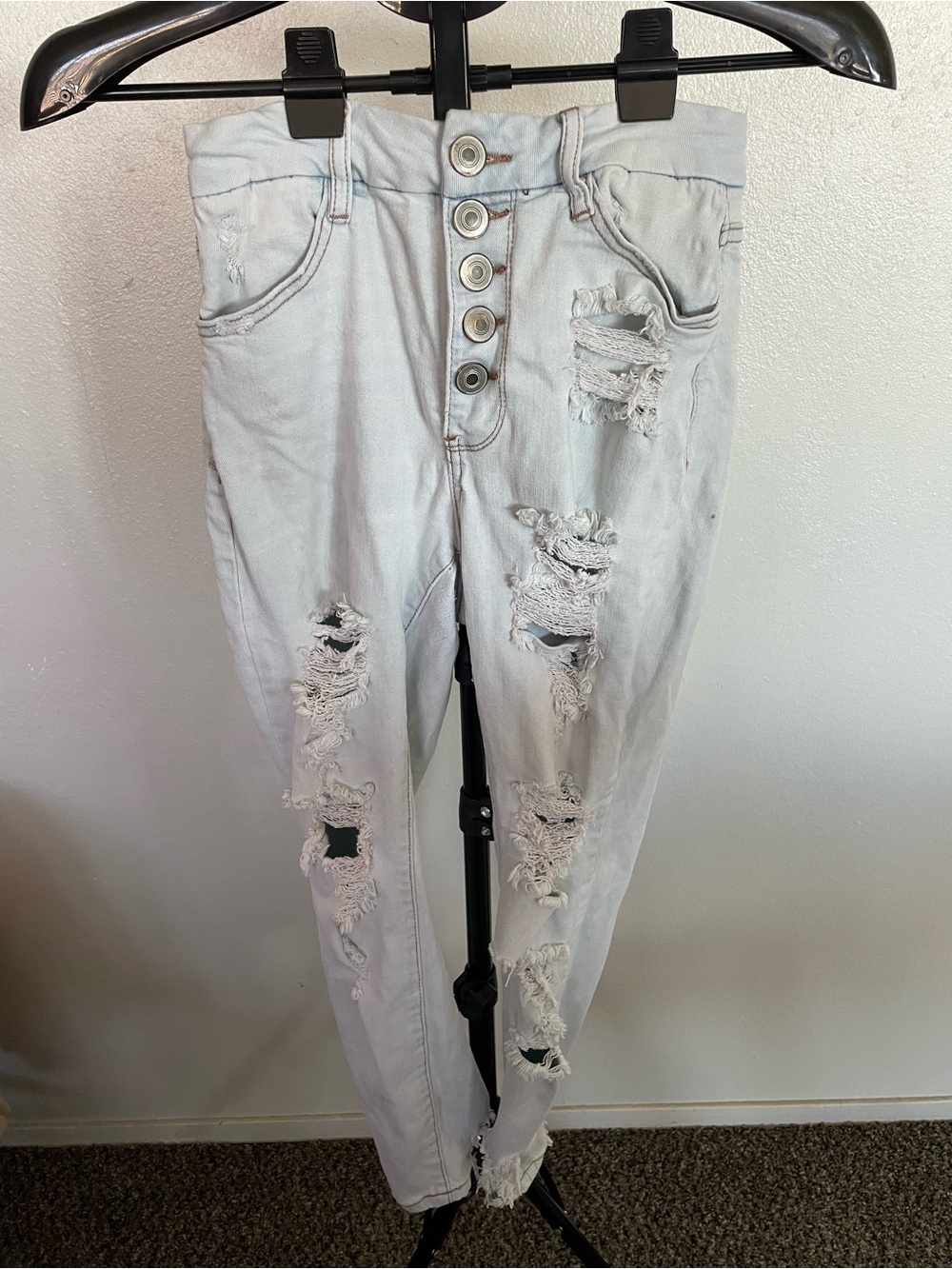 Light Wash High-Rise Distressed Button-Fly Skinny Jeans